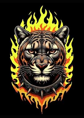 Fierce Panther Head with Flames