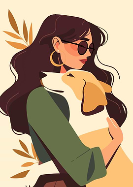 Autumn Woman and Her Dog Minimalist Art Illustration