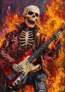 Skeleton Rocker in Flames Painting