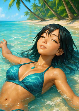 Black-Haired Tropical Girl with Seafoam Streaks