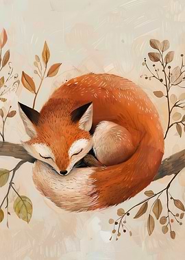 Sleeping Fox on Branch Illustration