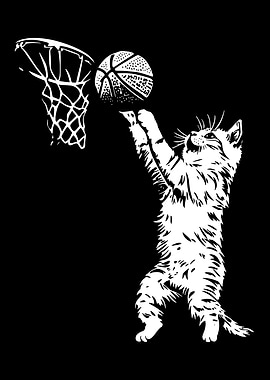 Cat playing basketball monochrome illustration