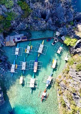 Aerial view of boats in lagoon