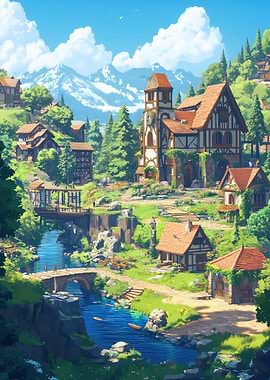 Picturesque Village Landscape with River and Mountains