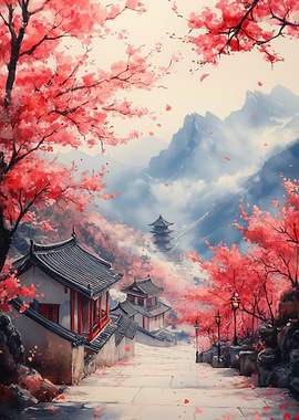 Cherry Blossoms in Asian Landscape