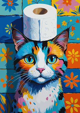 Colorful Cat with Toilet Paper Hat