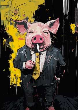 Pig in Suit Smoking Cigarette Art