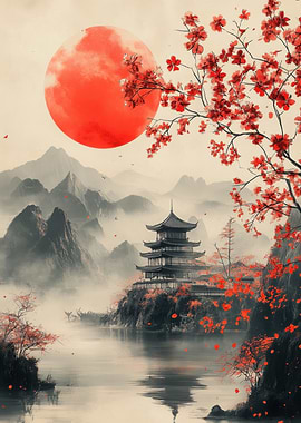Japanese Landscape with Pagoda and Blossoms