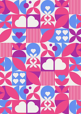 Romantic Bauhaus Geometric Pattern with Hearts and Flowers