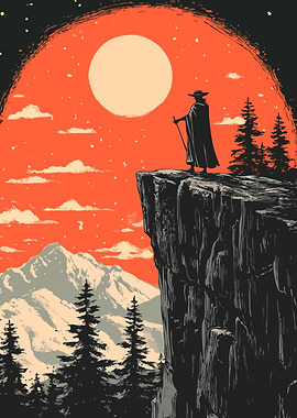 Mysterious Lone Figure on Cliff Fantasy Art