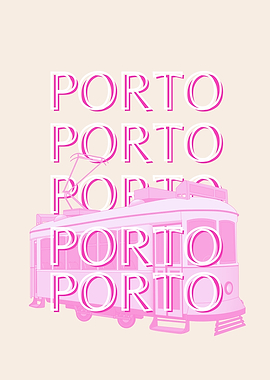 Porto Tram Pink Illustration Travel Art