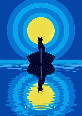 Cat on Boat Under Moon