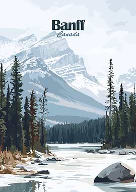 Banff Canada Mountain Landscape Illustration