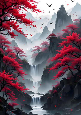 Red Trees Waterfall Mountain Landscape