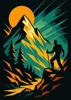 Mountain Hiker Silhouette Graphic Art