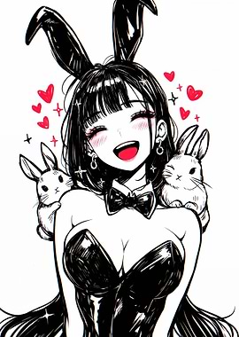 Sexy Anime Girl with Bunny Ears and Rabbits
