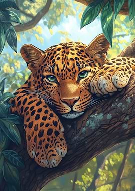 Leopard resting on a tree branch