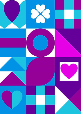 Bauhaus Geometric Shapes Pattern in Blue and Purple