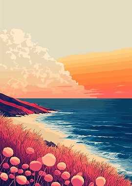 Red Field Beach Coast Sunset Landscape Minimalist Art Illustration