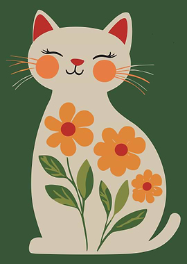 Floral Cat Illustration on Green Background