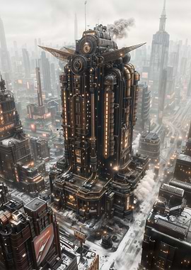 Steampunk Cityscape with Towering Structure