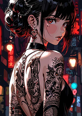 Anime Girl with Tattoos in City
