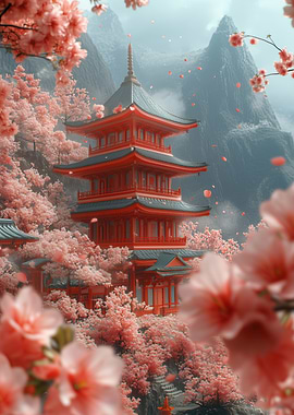 Japanese Pagoda with Cherry Blossoms
