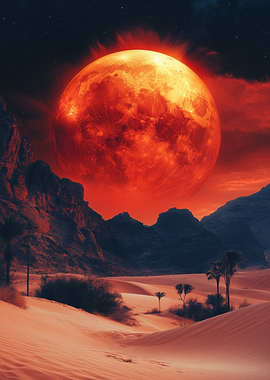 Red Moon Over Desert Landscape