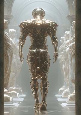 Golden Knight in Marble Hallway