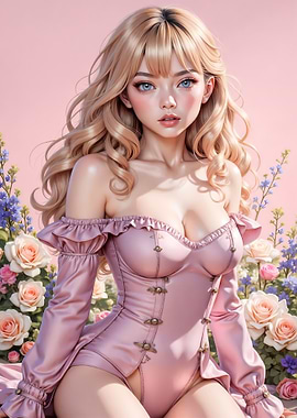 Anime Girl in Pink Corset with Flowers