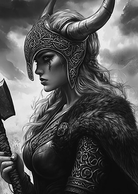 Viking Warrior Woman Portrait in Black and White