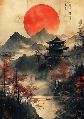 Japanese Landscape with Temple and Sun