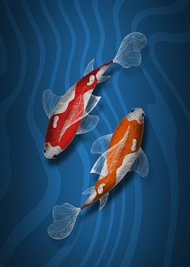 Two Koi Fish in Blue Water