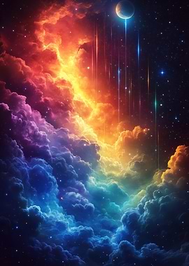 Colorful Nebula with Moon and Stars