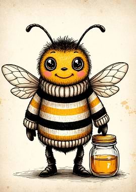 Cute Bee with Honey Jar