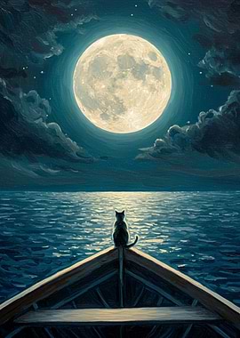 Cat on Boat Under Moonlight