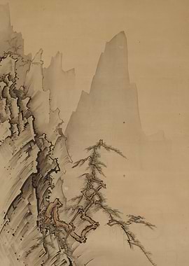 Ink Wash Painting of Mountains and Tree