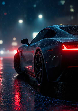Sleek Car in Rainy City Night