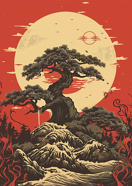 Bonsai Tree Under Full Moon Art