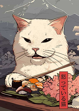 Grumpy Cat with Sushi and Flowers