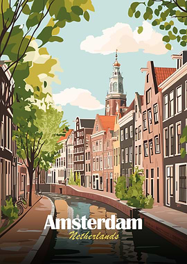 Amsterdam Netherlands Canal Cityscape Illustration