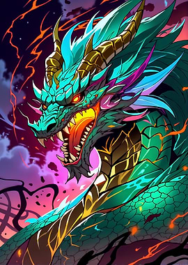 Majestic Teal and Gold Dragon Illustration