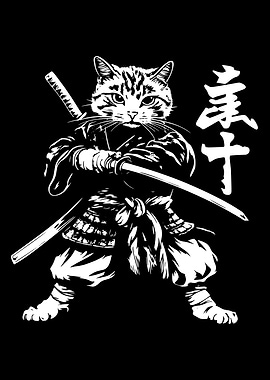 Samurai Cat Warrior Black and White
