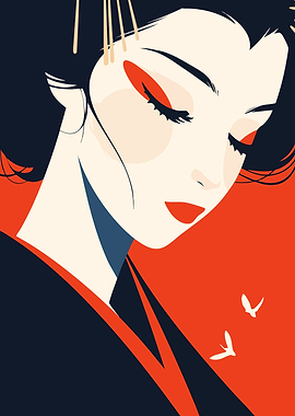 Geisha Portrait Red Theme Minimalist Art Illustration