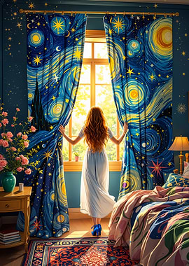 Woman Opening Starry Night Curtains Artistic Bedroom Window View