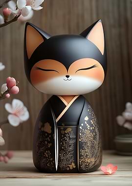 Fox Kokeshi Doll with Floral Kimono