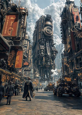 Steampunk Cityscape with Mechanical Structures
