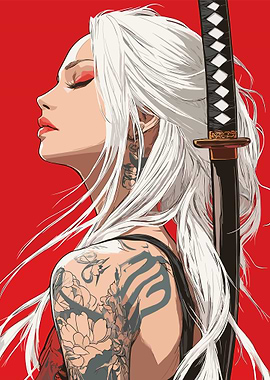 White-haired woman with katana illustration