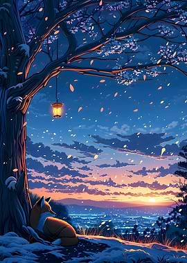 Fox under a blossom tree at sunset