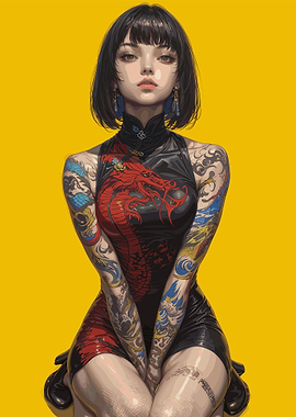 Tattooed Woman in Cheongsam Dress